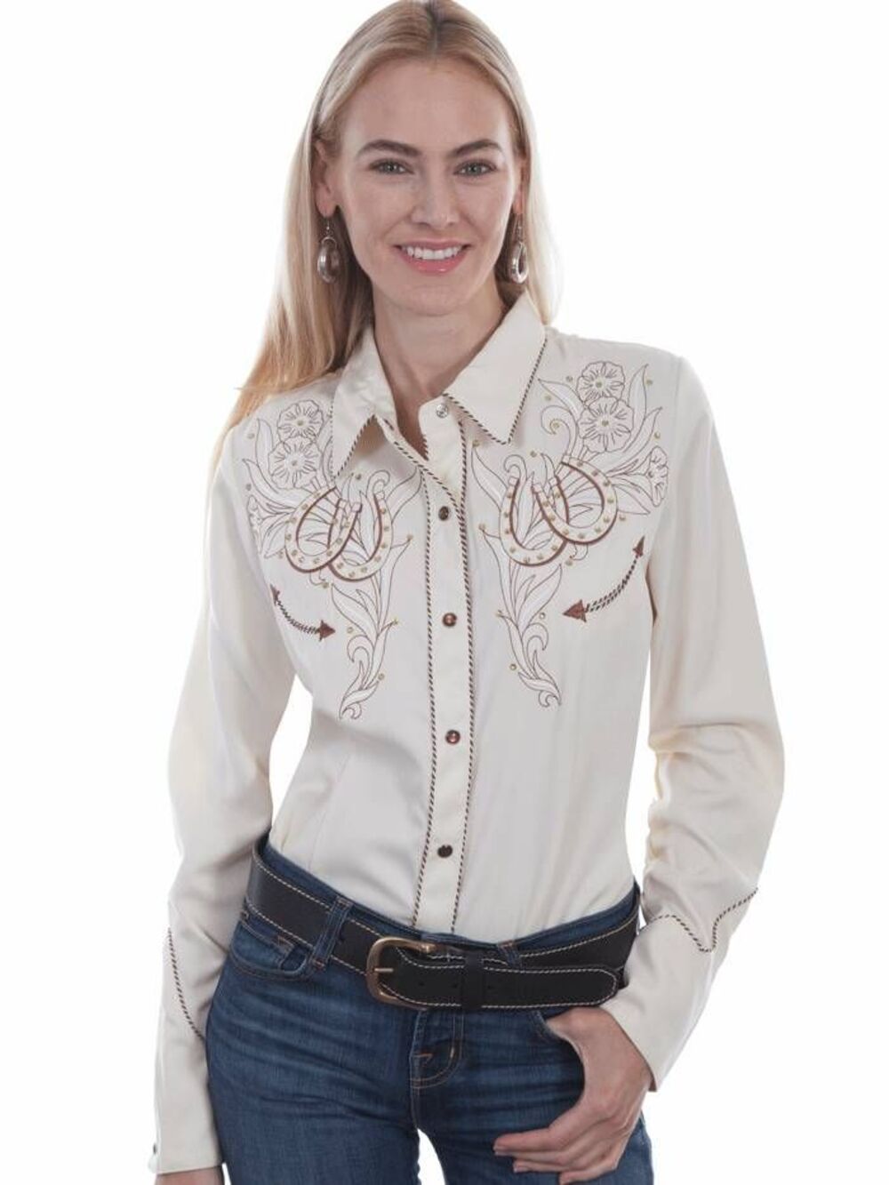 Scully Cream Embellished Horseshoe Long Sleeve Pearl Snap Western Shirt Large